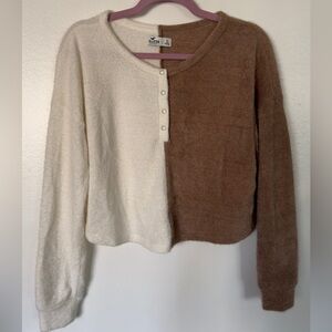 Hollister Two-Tone Henley Cardigan - Cream & Brown